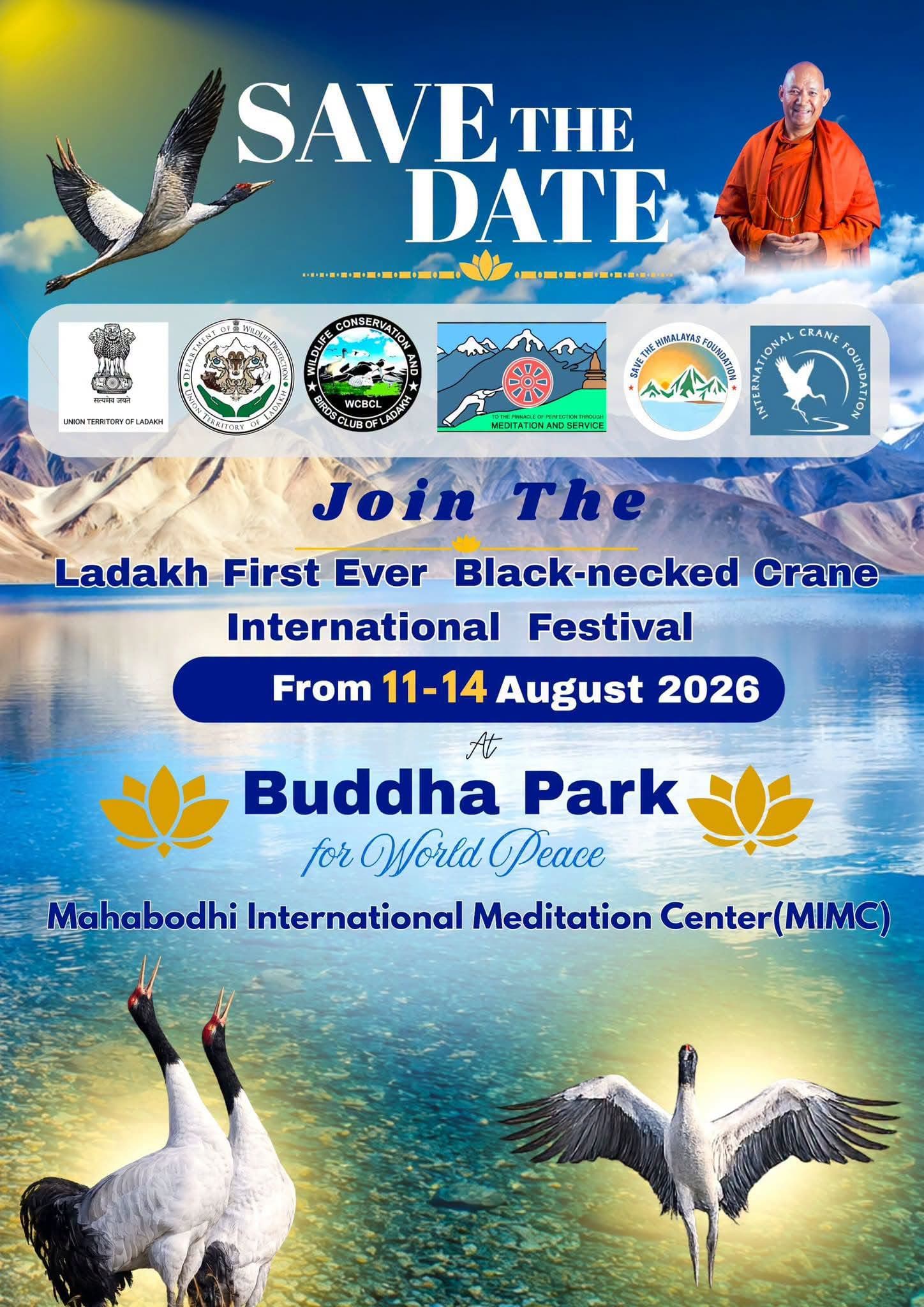 Celebrate the beauty of Ladakh’s iconic Black-necked Crane at the First-Ever International Festival, 11–14 August 2026, at Buddha Park for World Peace, MIMC.